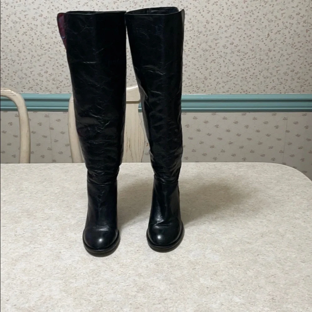 TOP SHOP OVER THE KNEE BLACK LEATHER HEELED BOOTS